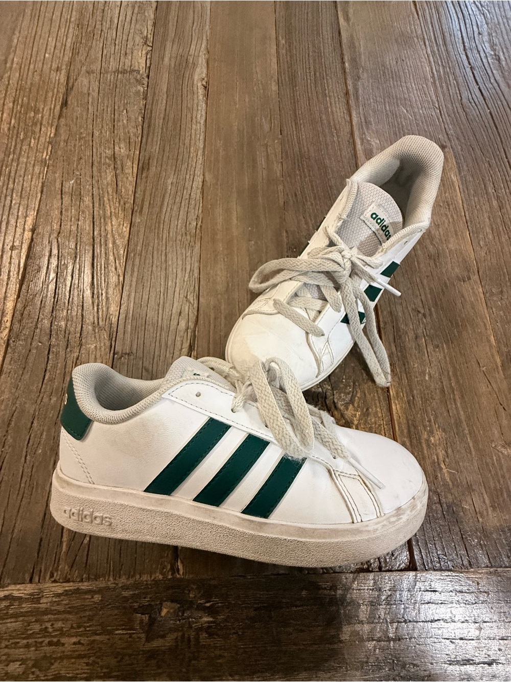 adidas Kids White Sneakers with Green Stripes